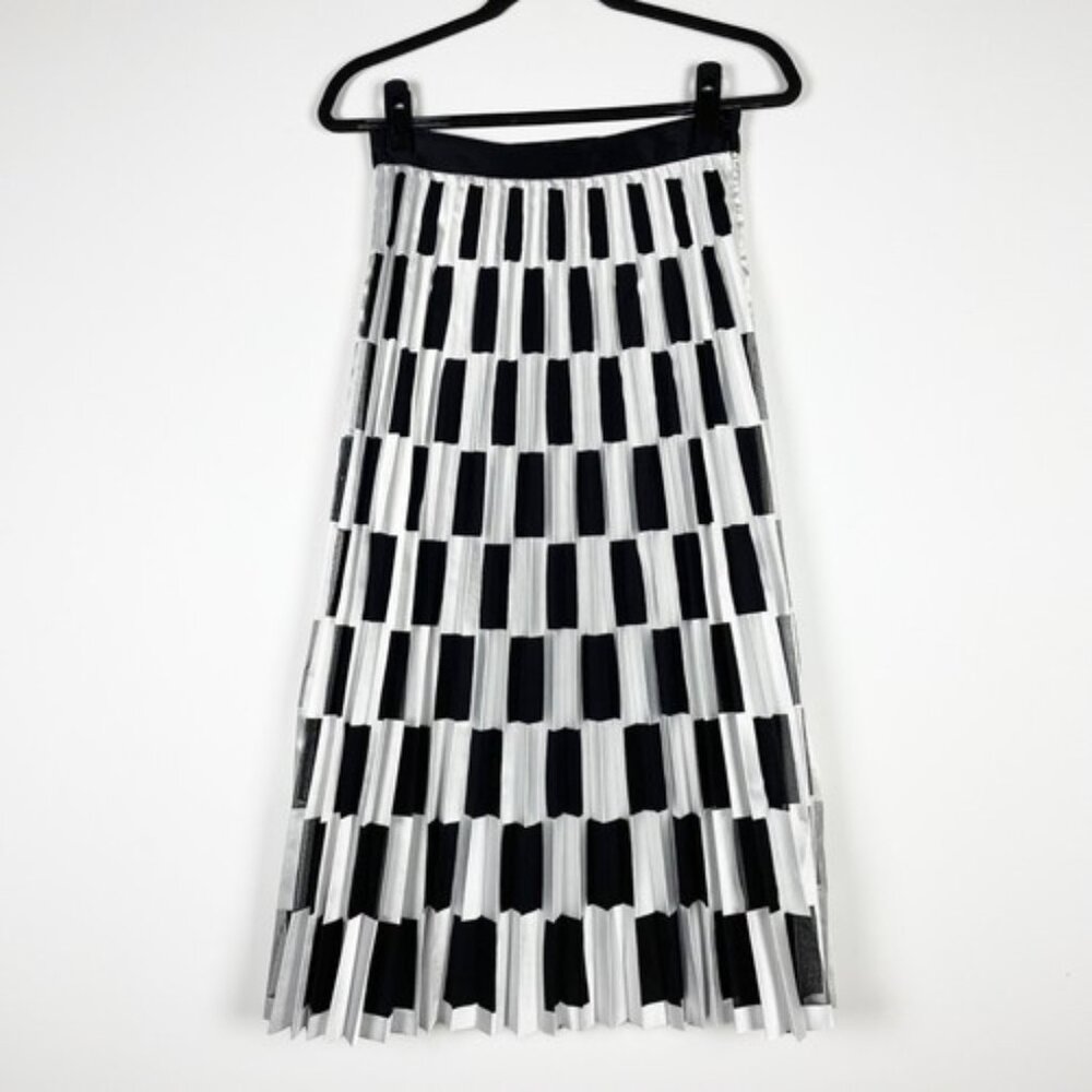 ISO!! Off-White Main Label Tulle Mesh Check Accordion Pleated Satin Midi Skirt